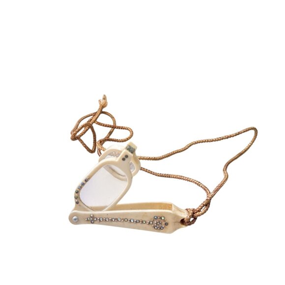 Antique Edwardian Rhinestone Lorgnette Opera Glasses Folding Handle with Case - Picture 8 of 10